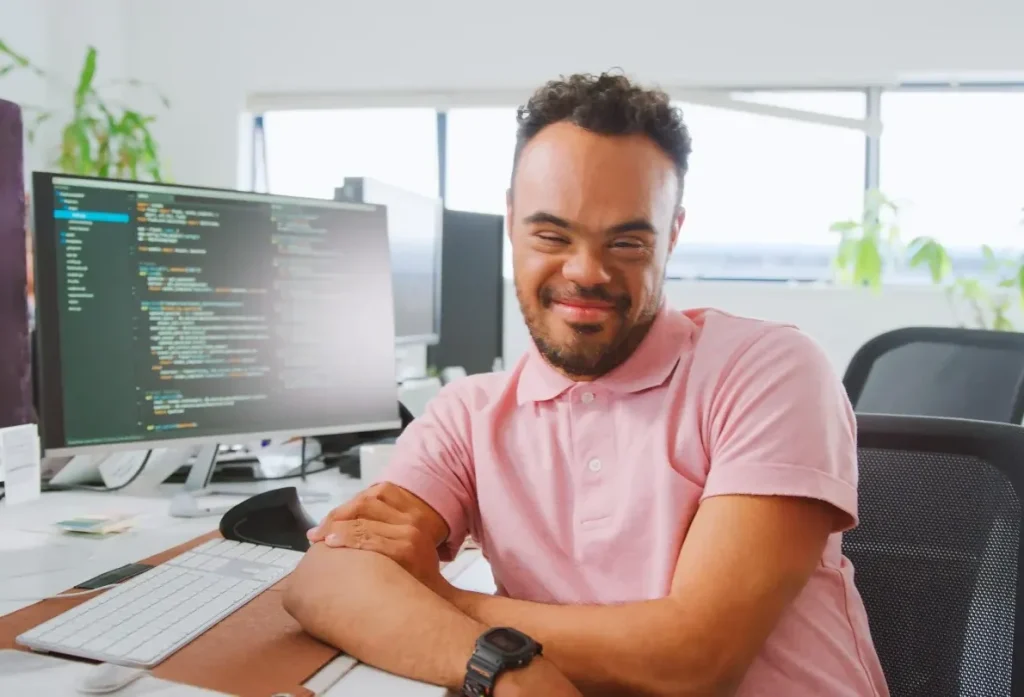 Disabled man smiling at camera